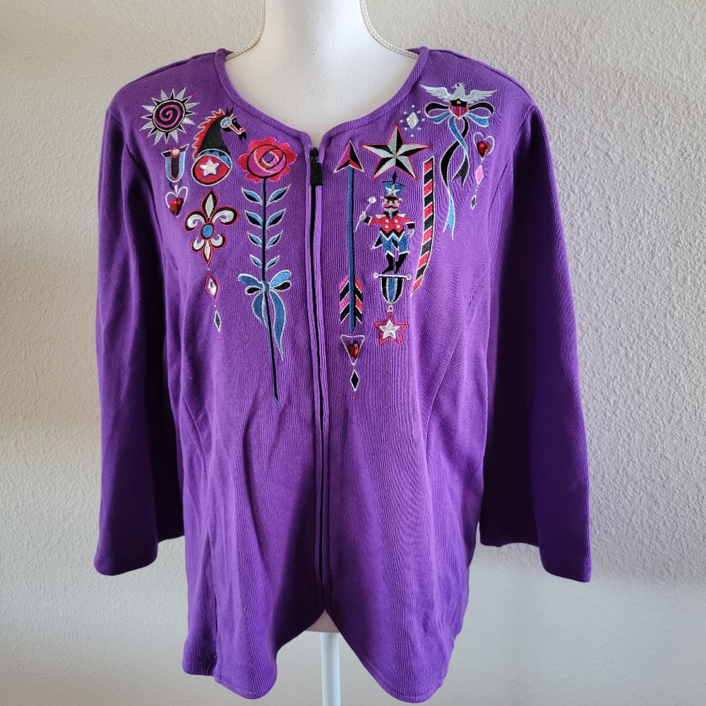 Bob Mackie Wearable Art Full Front Zip Cotton Embroidered Top